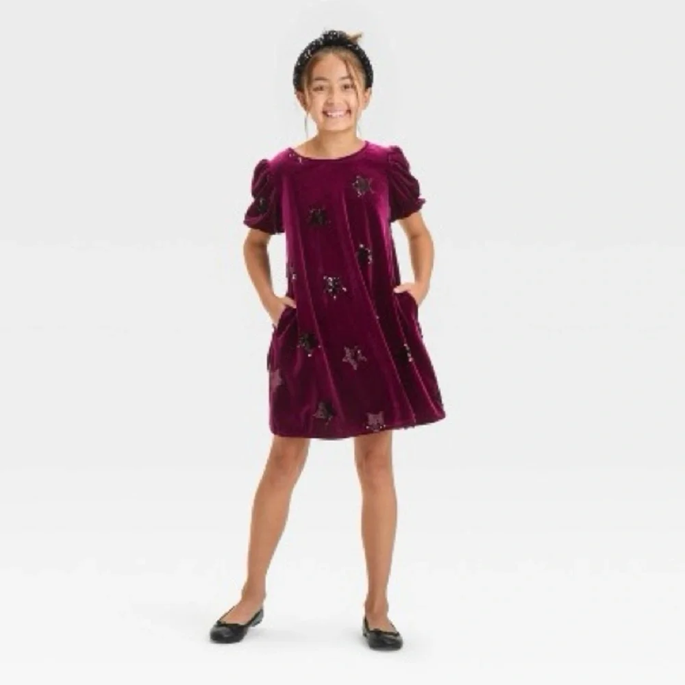 Girls' Short Sleeve Sequin 'Star' Velour Dress - Cat & Jack™ Burgundy - Picture 3 of 7